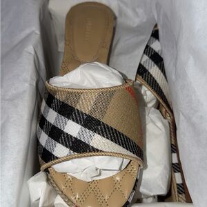 Burberry Beige & Black Plaid Slide Mules